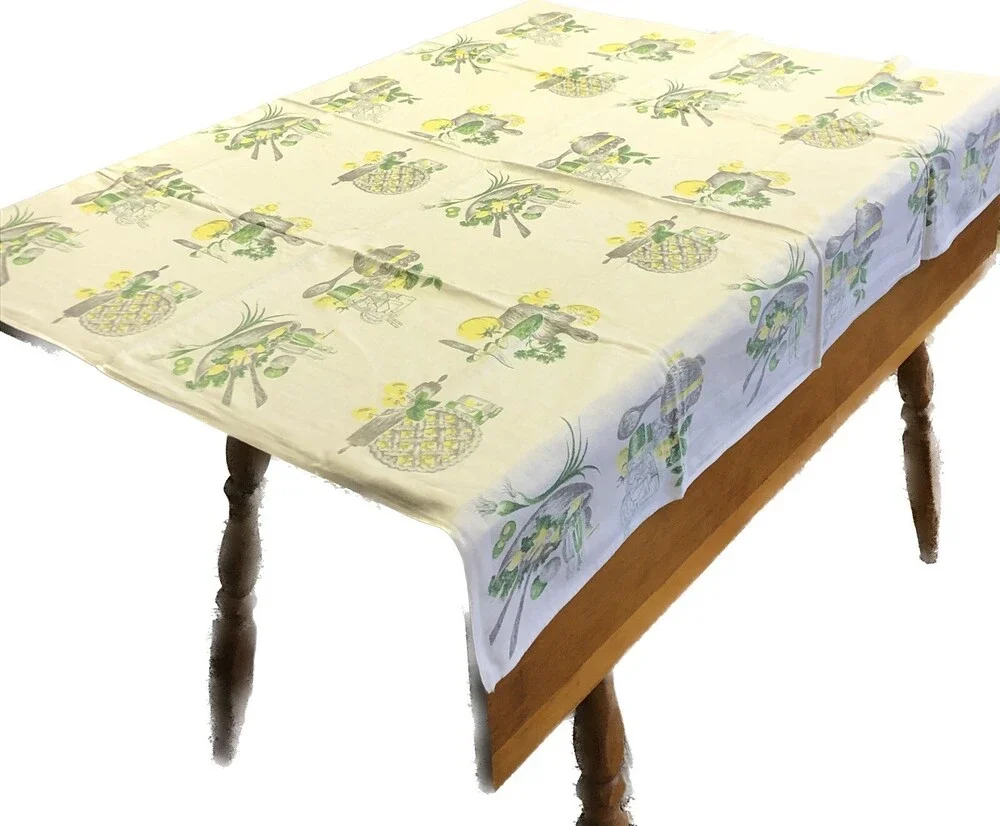 VTG Green & Yellow Food Printed 47.5” X 45.5” Mid Century 60s 70s Table Cloth